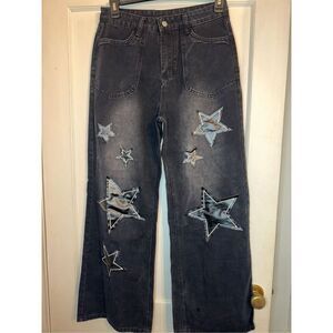 Y2K Streetwear Printed Star Patchwork  Baggy Jeans wide legged size Large L 8 -
